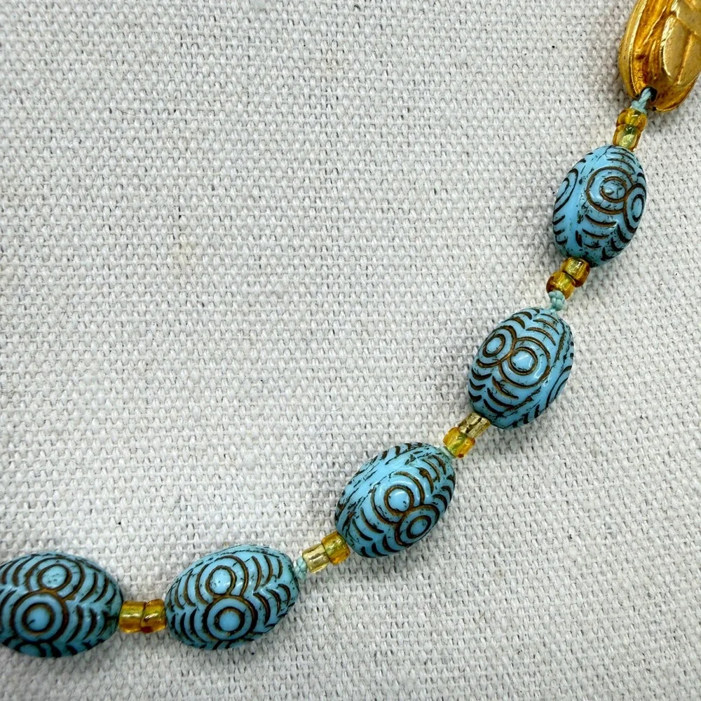 Vintage Egyptian‎ Revival Faience Ceramic Bead Gold Scarab Necklace